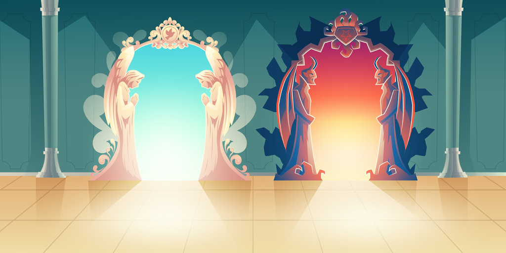 Heaven and Hell gates cartoon vector with humbly praying angels and scary horned demons meeting arrivals | freepik.com | vectorpocket