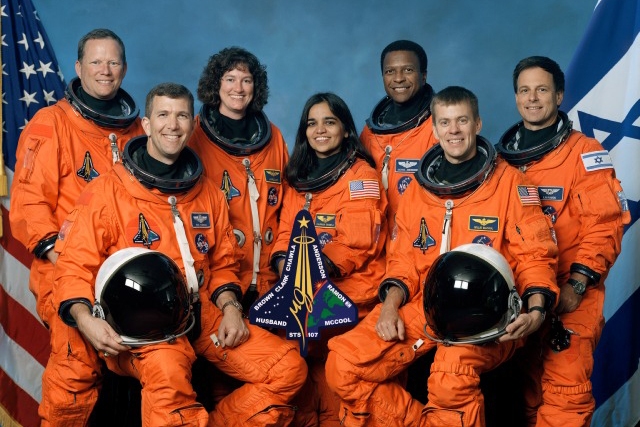 Space Shuttle and Crew Lost During Re-Entry left to right, David M. Brown, Rick D. Husband, Laurel B. Clark, Kalpana Chawla, Michael P. Anderson, William C. McCool, and Ilan Ramon (Credit: STS-107 Crew, NASA)