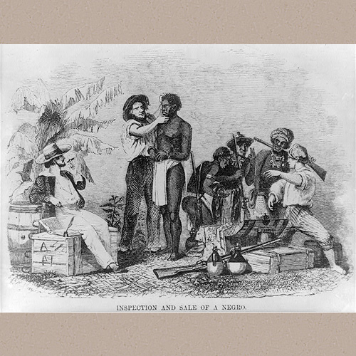 An African man being inspected for sale into slavery while a white man talks with African slave traders. | Library of Congress Prints and Photographs Division Washington, D.C. 20540 USA | Date Created/Published: 1854
