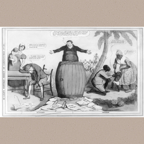 Slavery. Freedom - 'Two contrasted scenes divided by a huge cask in which stands, full-face, an obese and repulsive preacher with a heavy jowl, pig's eyes, and a thatch of hair over a low forehead...' (Source: George) | Library of Congress Prints and Photographs Division Washington, D.C. 20540 USA | Date Created/Published: 1832