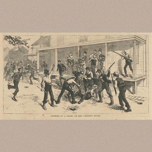 Print shows a scene during a riot between Irish American and African American railroad workers employed by the Easton and Amboy Railroad to build the Musconetcong Tunnel, in which Denis Powell, an African American man, is beaten to death by a mob of white men, during the Pattenburg Massacre, Pattenburg, New Jersey. | Library of Congress Prints and Photographs Division Washington, D.C. 20540 USA | Date Created/Published: 1872