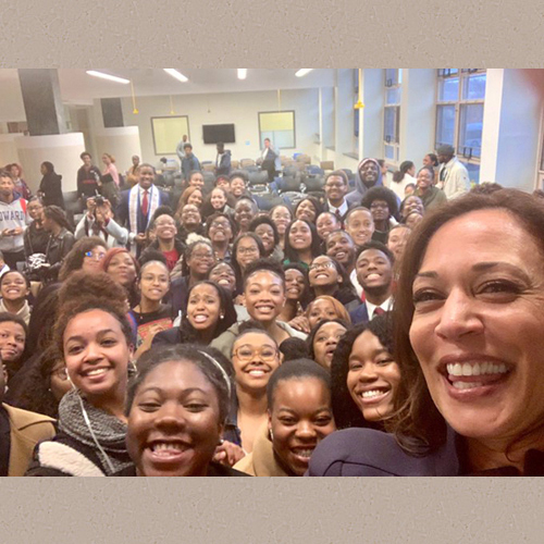 Kamala Harris takes selfie with students at Howard University | twitter.com | Office of Kamala Harris | Date Created/Published: 27 February 2019