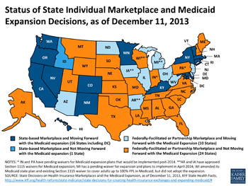 State Decisions on Health Insurance Marketplaces and the Medicaid Expansion, as of December 11, 2013, KFF State Health Facts, http://www.kff.org/health-reform/state-indicator/state-decisions-for-creating-health-insurance-exchanges-and-expanding-medicaid/#